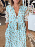 Summer Bohemian Print Lantern-Sleeved Dress Fashion Loose V-Neck Ruffle Long Dress Beach Clothing For Women
